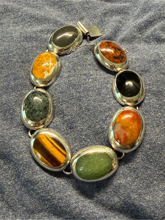 Taxco Jewelry - Vintage 1950s Taxco Mexico 925 Sterling Silver Multi Gemstone Link Bracelet